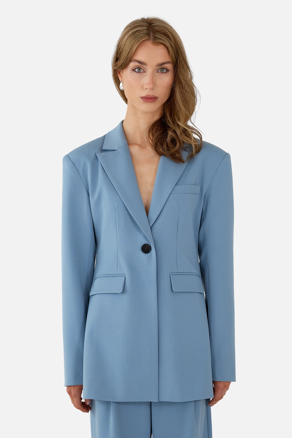 Celine Open Back Tailored Blazer in Blue Single Breasted Blazer with Wide Shoulders